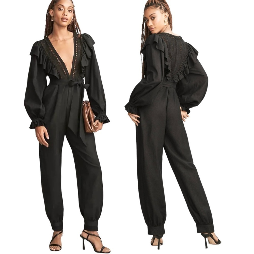 NWT Farm Rio Anthropologie Lace And Ruffles Black Jumpsuit Size XS